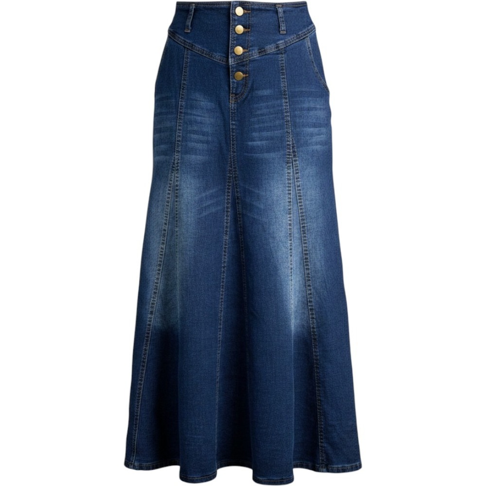 Cotton Denim Skirt M/L Blue Button Front Paneled Maxi Flared Western Boho Retro
